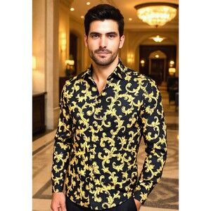 New Men's XL Black Yellow Gold Button Front Party Club Long Sleeve Shirt
